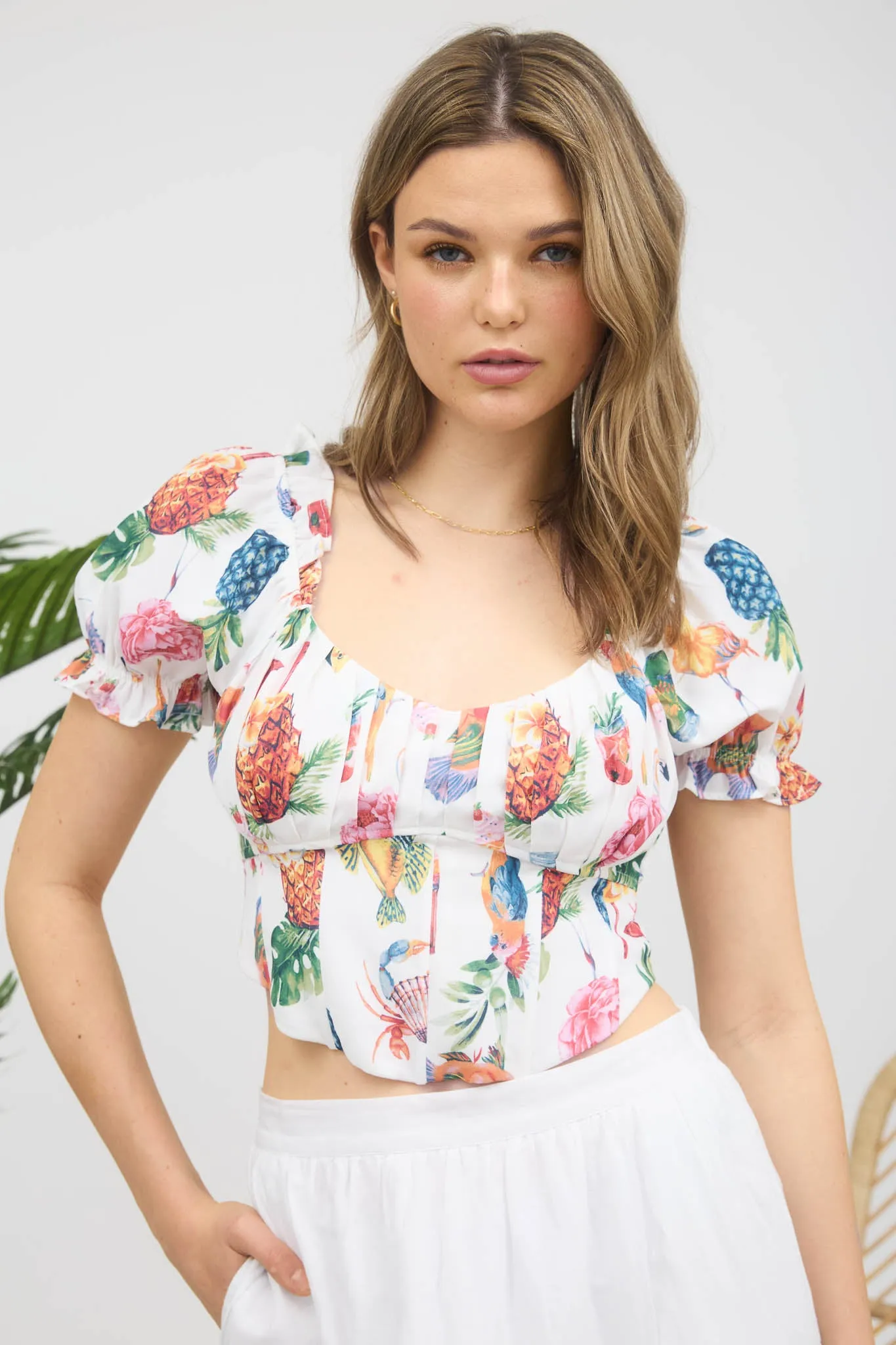 TROPICAL PRINT CORSET BACK TIE DETAIL BLOUSE sold by Blu Pepper product image thumbnail 5