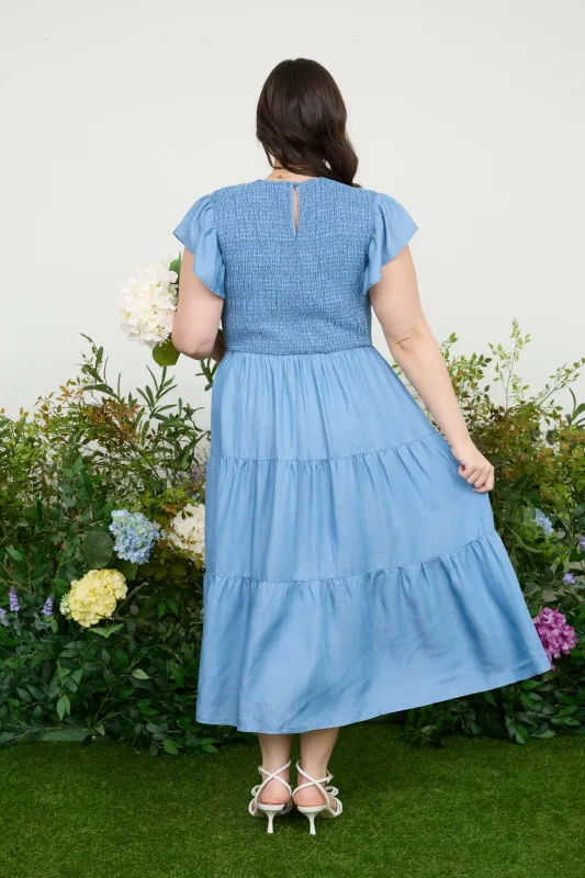 PLUS CHAMBRAY SMOCKED TIERED MIDI DRESS sold by Blu Pepper