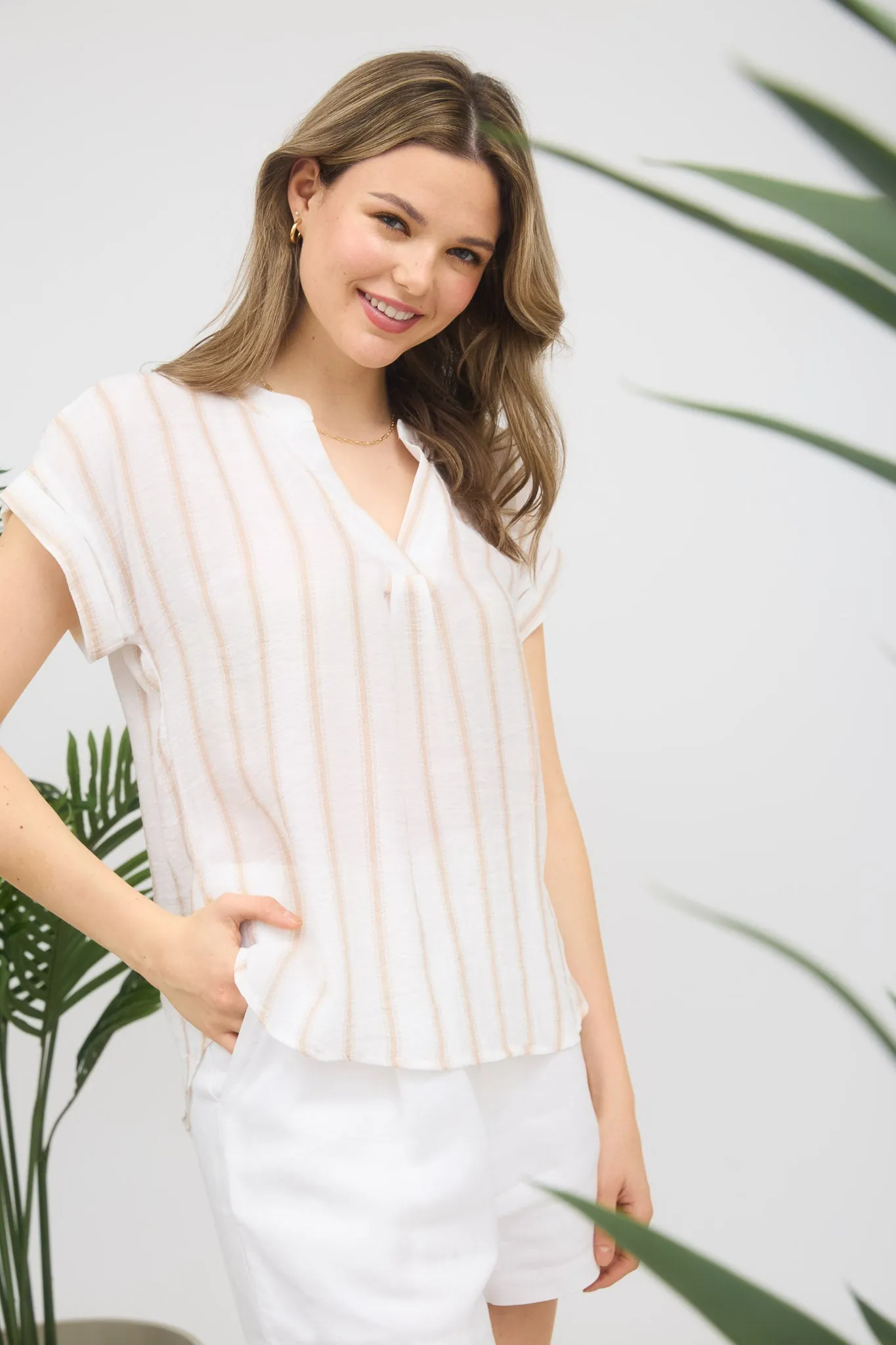 PLUS STRIPE SPLIT NECK BACK BUTTON SHIRT sold by Blu Pepper