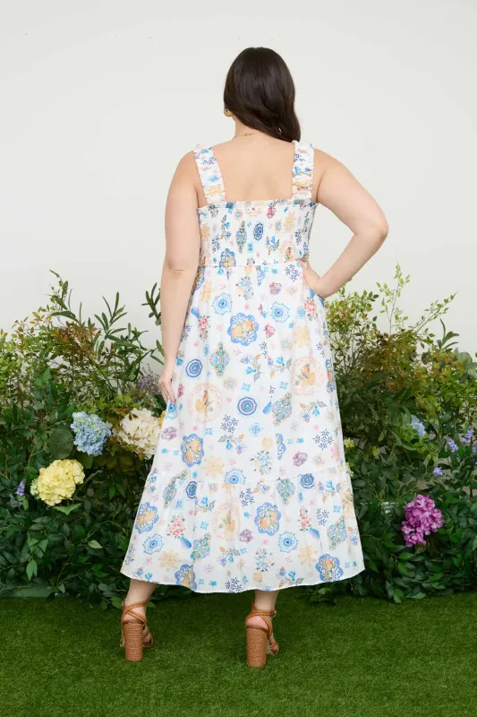 PLUS FRUIT PRINT SMOCKED SLEEVELESS MIDI DRESS sold by Blu Pepper