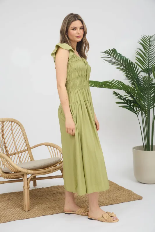 SHIRRED BODICE RUFFLE SLEEVE MIDI DRESS sold by Blu Pepper