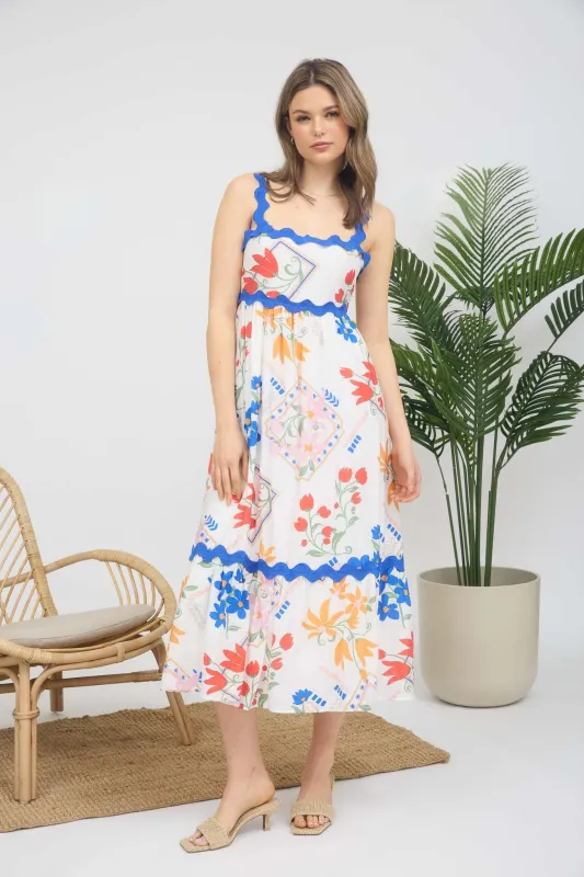 FLORAL PATTERN WAVY DETAIL SLEEVELESS MIDI DRESS sold by Blu Pepper