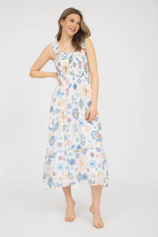 FRUIT PRINT SMOCKED SLEEVELESS MIDI DRESS sold by Blu Pepper