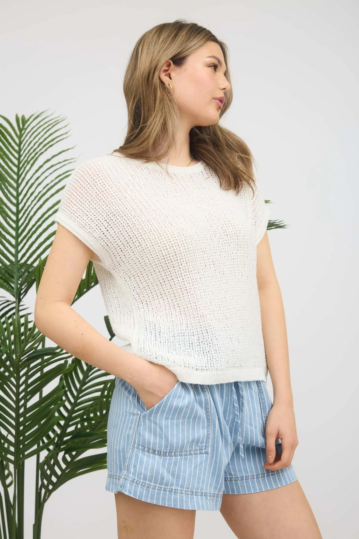 DROP SHOULDER CROCHET KNIT PULLOVER SWEATER sold by Blu Pepper product image thumbnail 2