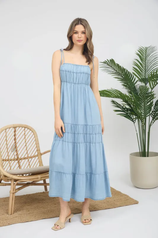 CHAMBRAY TIE STRAP TIERED MAXI DRESS sold by Blu Pepper