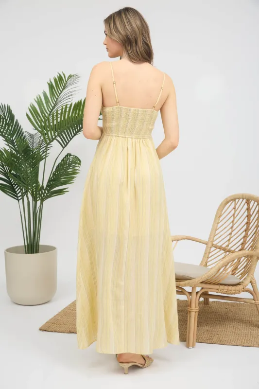MULTI-COLOR STRIPE TIE FRONT SLEEVELESS MAXI DRESS made by Blu Pepper