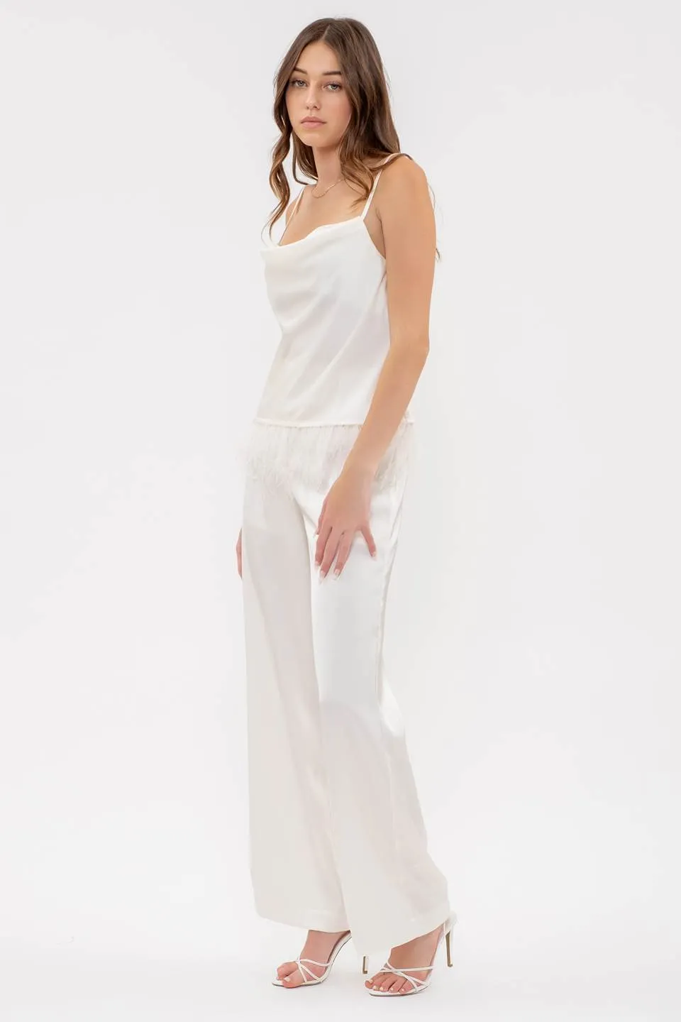 COWL NECK FAUX FEATHER TRIM CAMI TOP sold by Blu Pepper product image thumbnail 3