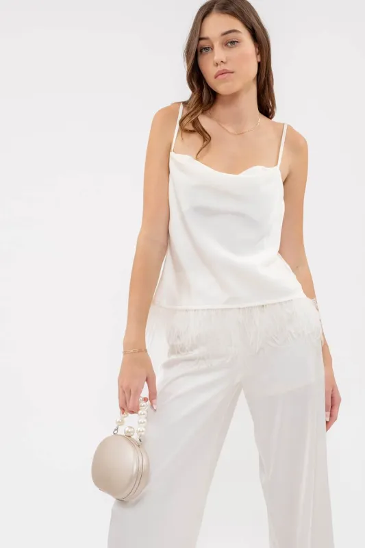 COWL NECK FAUX FEATHER TRIM CAMI TOP sold by Blu Pepper