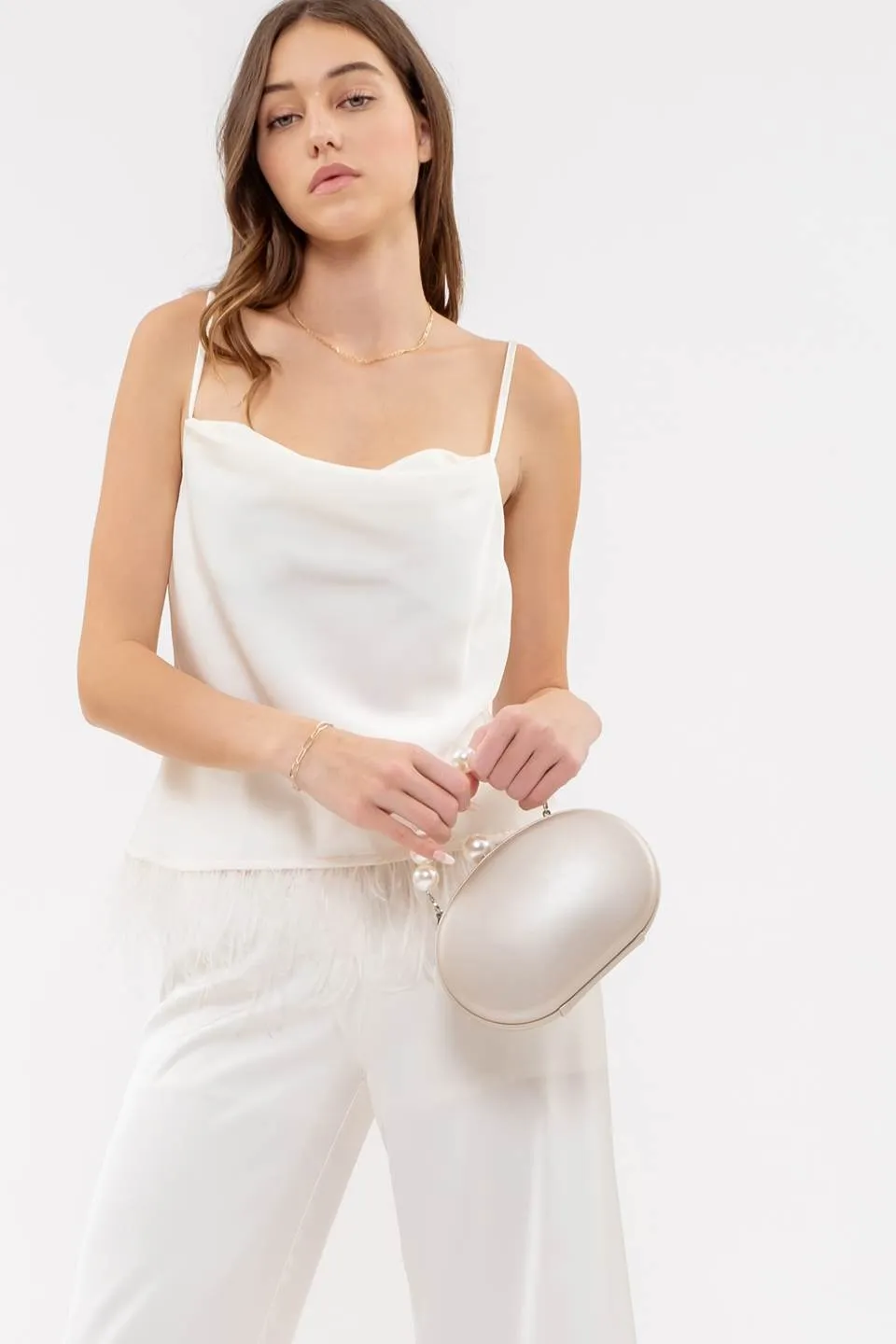 COWL NECK FAUX FEATHER TRIM CAMI TOP sold by Blu Pepper product image thumbnail 5