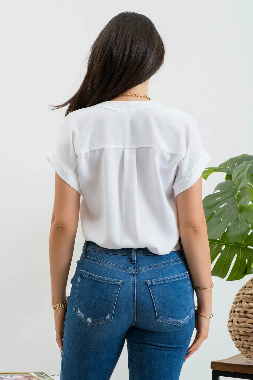 V NECK SPLIT ROLL UP SLEEVE BLOUSE sold by Blu Pepper product image thumbnail 2