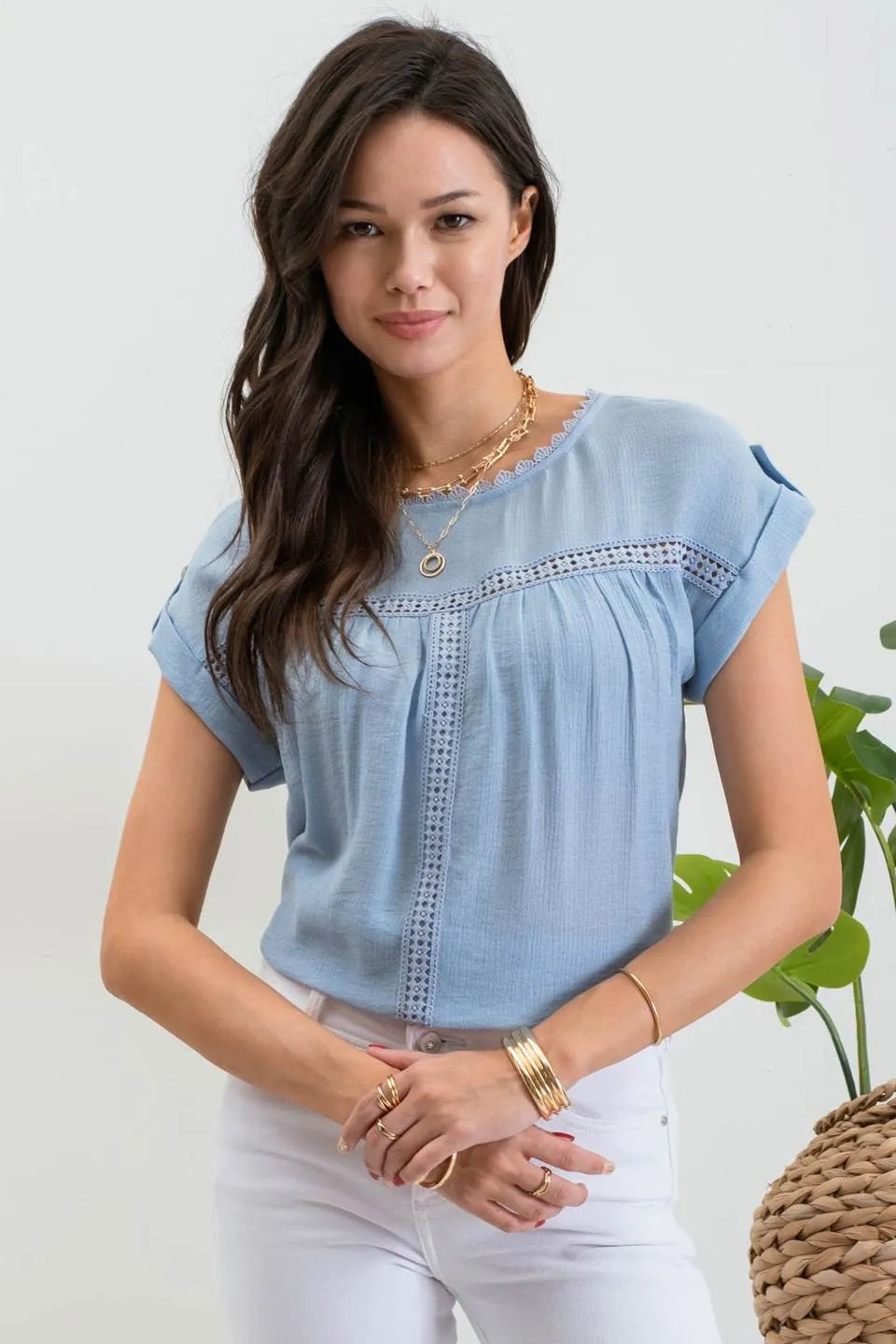 LACE TRIM ROLL TAB SLEEVE BLOUSE sold by Blu Pepper product image thumbnail 5