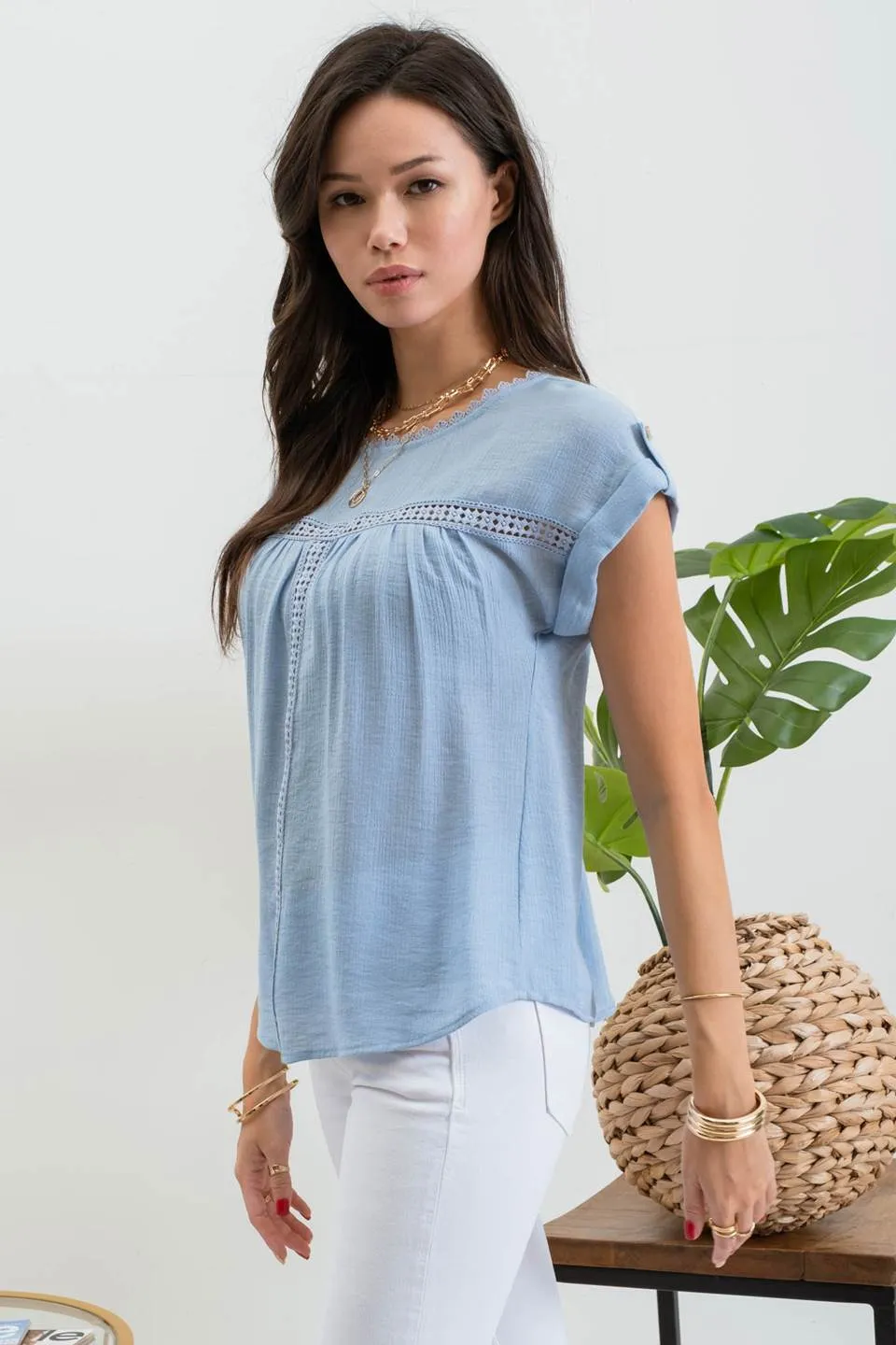 LACE TRIM ROLL TAB SLEEVE BLOUSE sold by Blu Pepper product image thumbnail 3