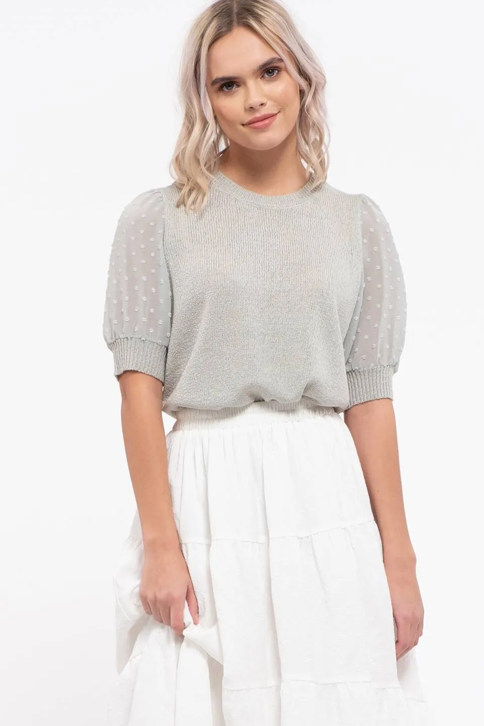 Pom-Pom Dot Sleeve Knit Top sold by Blu Pepper
