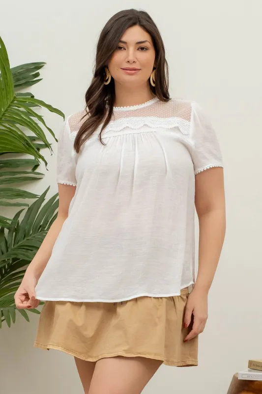 PLUS SCALLOP TRIM SHEER LACE YOKE BLOUSE sold by Blu Pepper
