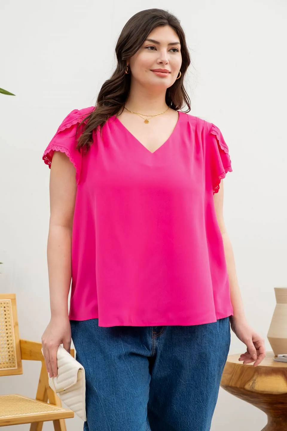 PLUS V NECK SCALLOP LACE TRIM TULIP SLEEVE BLOUSE sold by Blu Pepper product image thumbnail 5