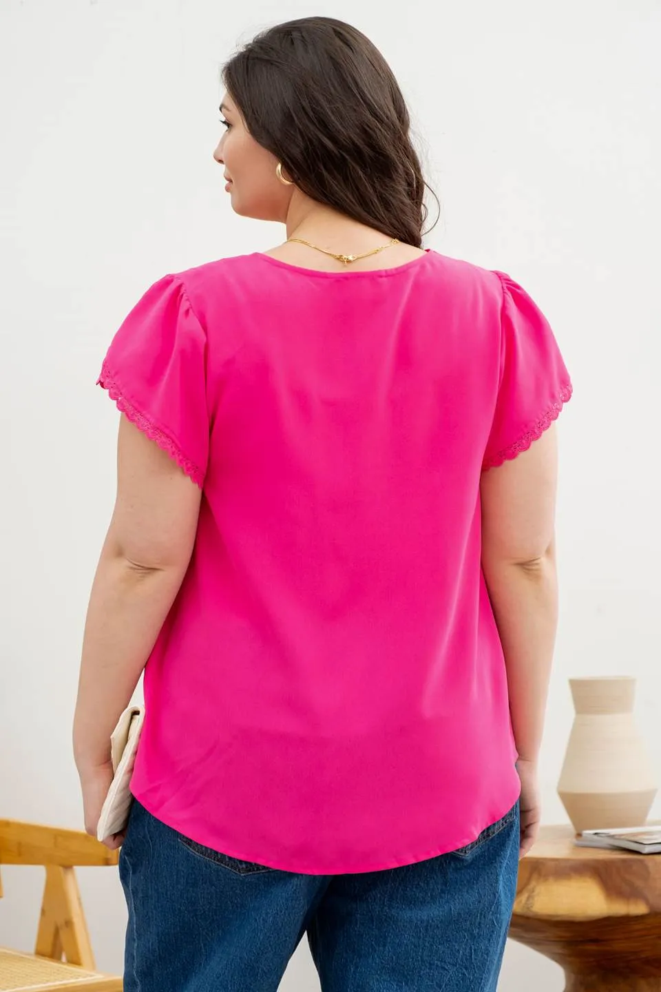 PLUS V NECK SCALLOP LACE TRIM TULIP SLEEVE BLOUSE sold by Blu Pepper product image thumbnail 2