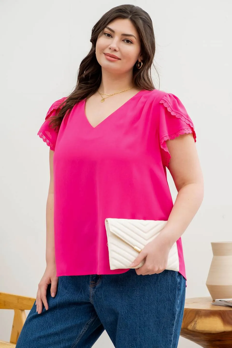 PLUS V NECK SCALLOP LACE TRIM TULIP SLEEVE BLOUSE sold by Blu Pepper product image thumbnail 3