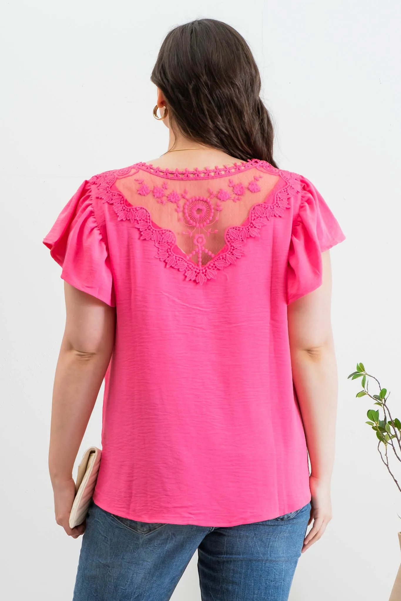 PLUS LACE BACK YOKE V NECK RUFFLE SLEEVE BLOUSE sold by Blu Pepper product image thumbnail 2