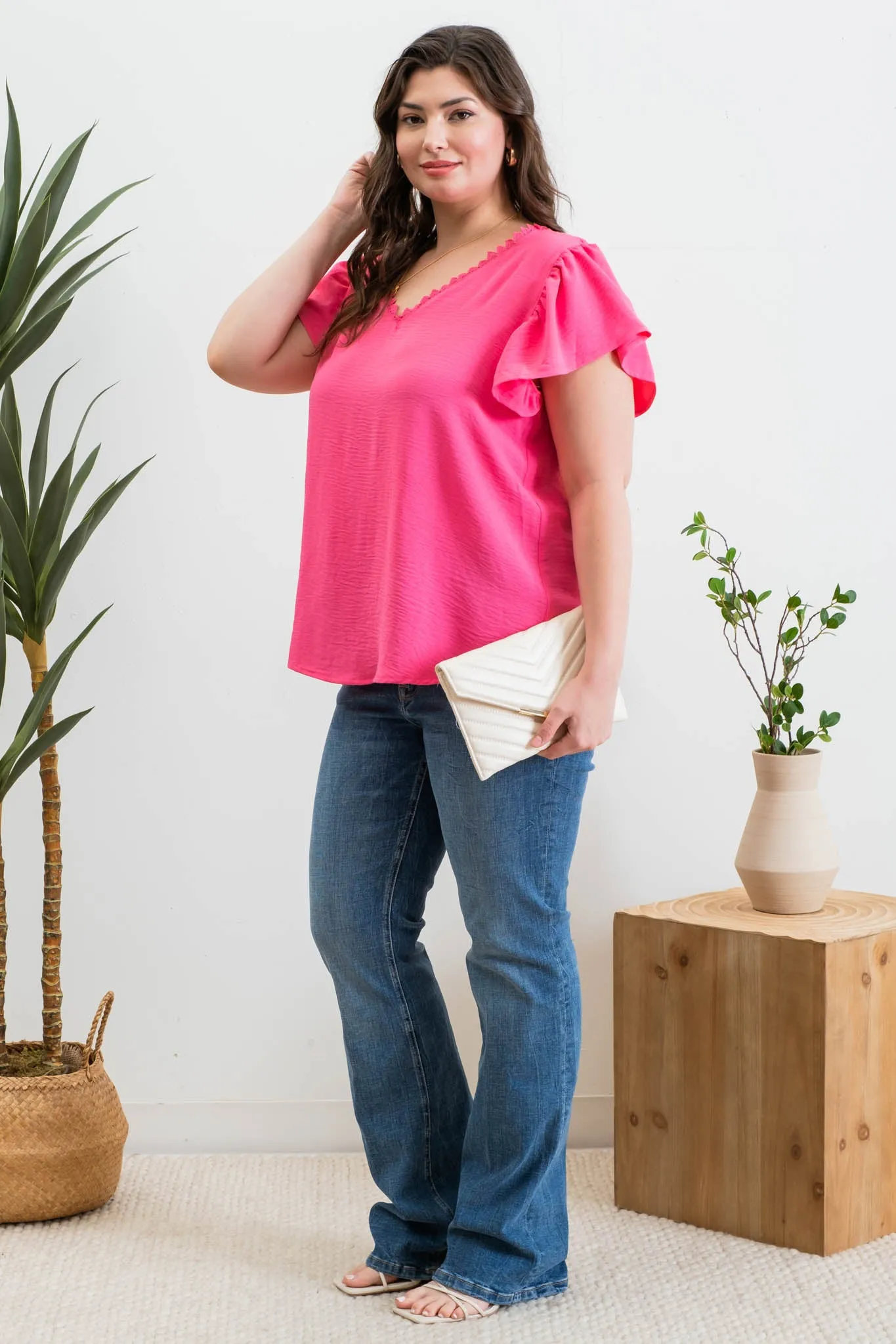 PLUS LACE BACK YOKE V NECK RUFFLE SLEEVE BLOUSE sold by Blu Pepper product image thumbnail 3