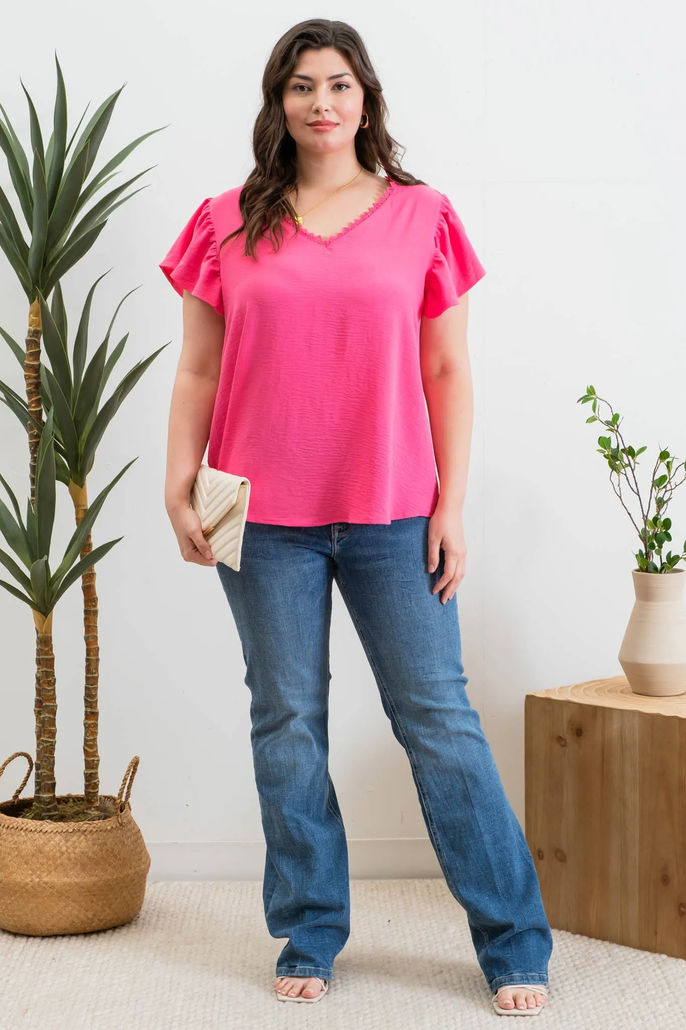 PLUS LACE BACK YOKE V NECK RUFFLE SLEEVE BLOUSE sold by Blu Pepper product image thumbnail 5