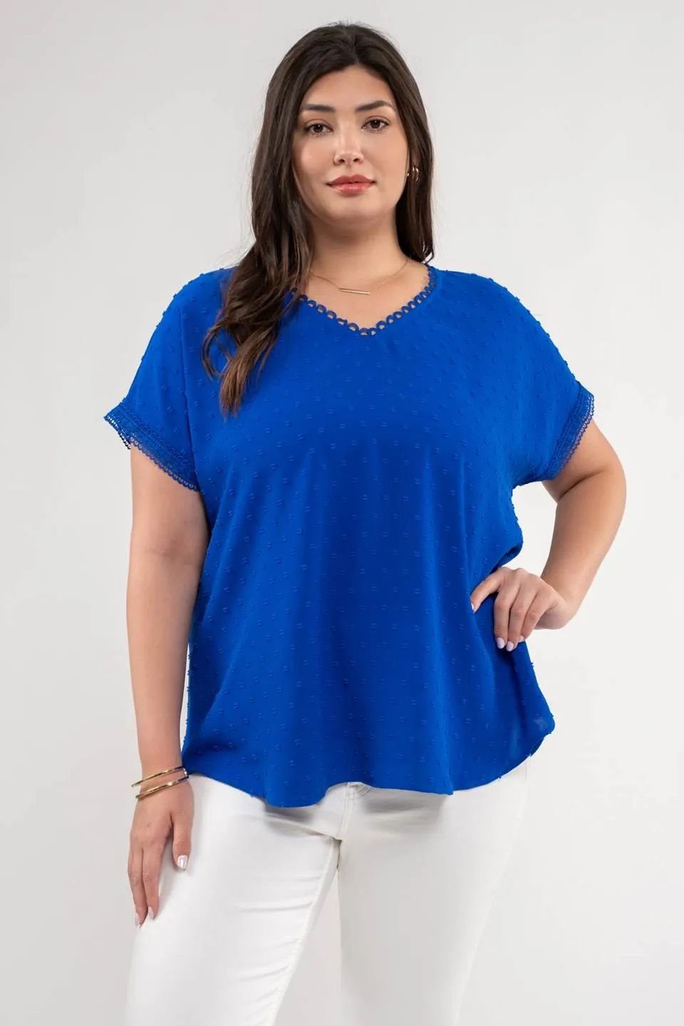 PLUS CLIP DOT V NECK SCALLOP LACE TRIM TOP sold by Blu Pepper product image thumbnail 3