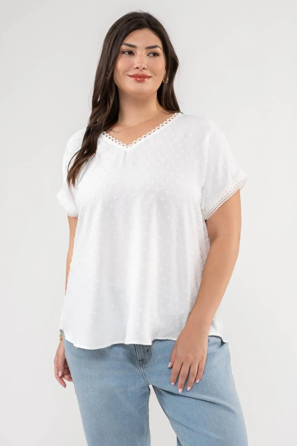 PLUS CLIP DOT V NECK SCALLOP LACE TRIM TOP sold by Blu Pepper product image thumbnail 5
