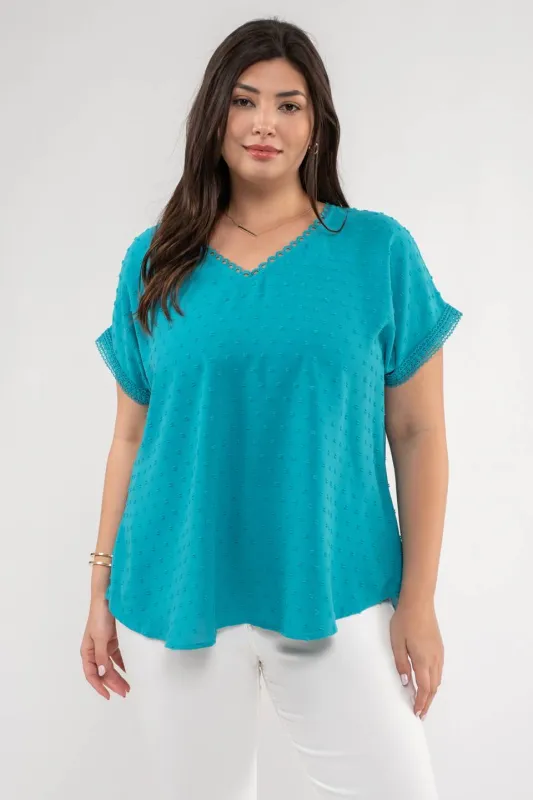PLUS CLIP DOT V NECK SCALLOP LACE TRIM TOP sold by Blu Pepper