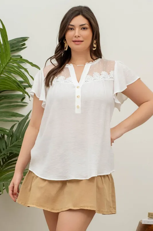 PLUS SPLIT NECK BUTTON DOWN SHEER LACE YOKE BLOUSE sold by Blu Pepper