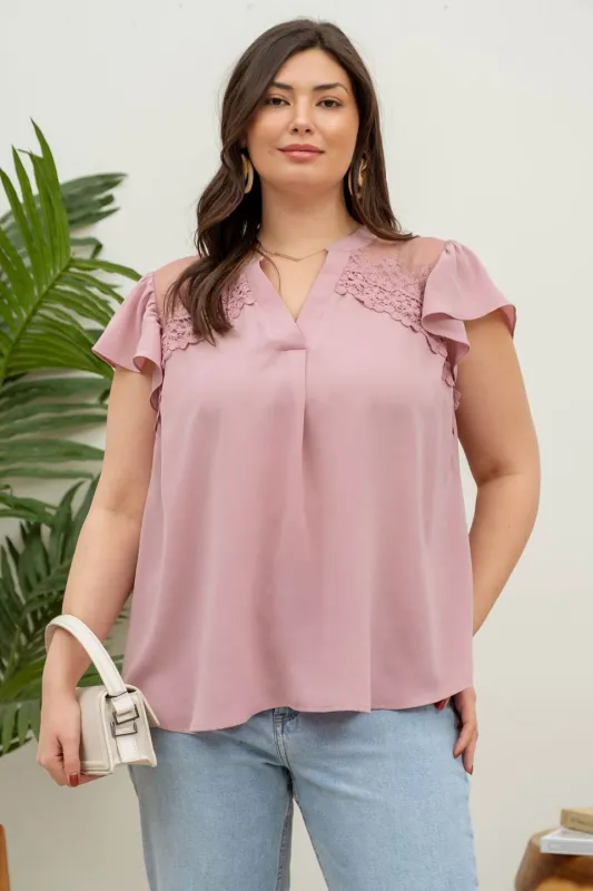 PLUS SHORT RUFFLE SLEEVE SHOULDER LACE TRIM TOP sold by Blu Pepper