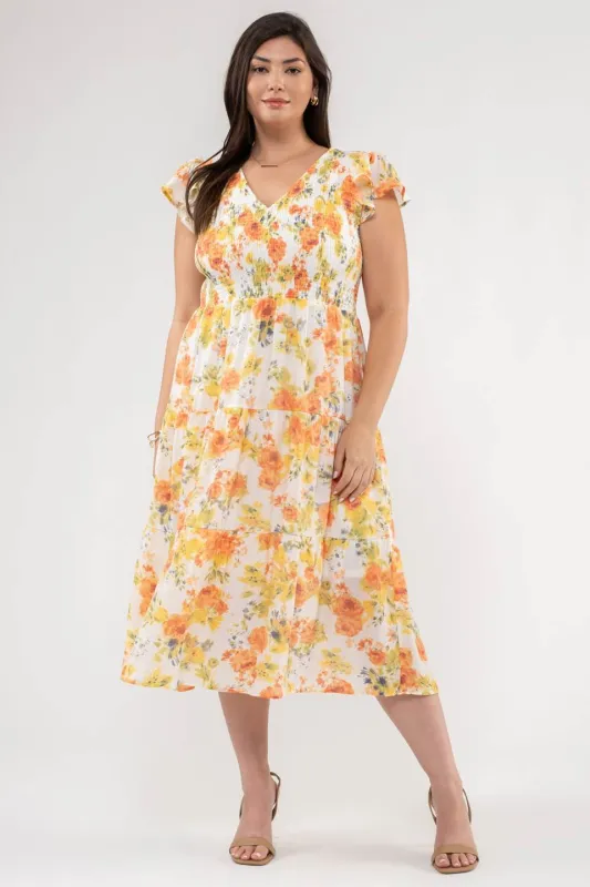 PLUS FLORAL FLUTTER SLEEVE MIDI DRESS sold by Blu Pepper
