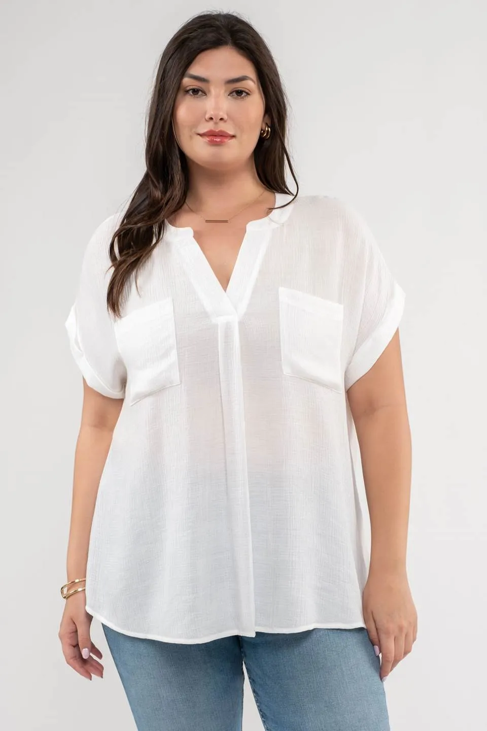 PLUS SPLIT NECK BACK BUTTON CUFFED SLEEVE TOP sold by Blu Pepper product image thumbnail 5
