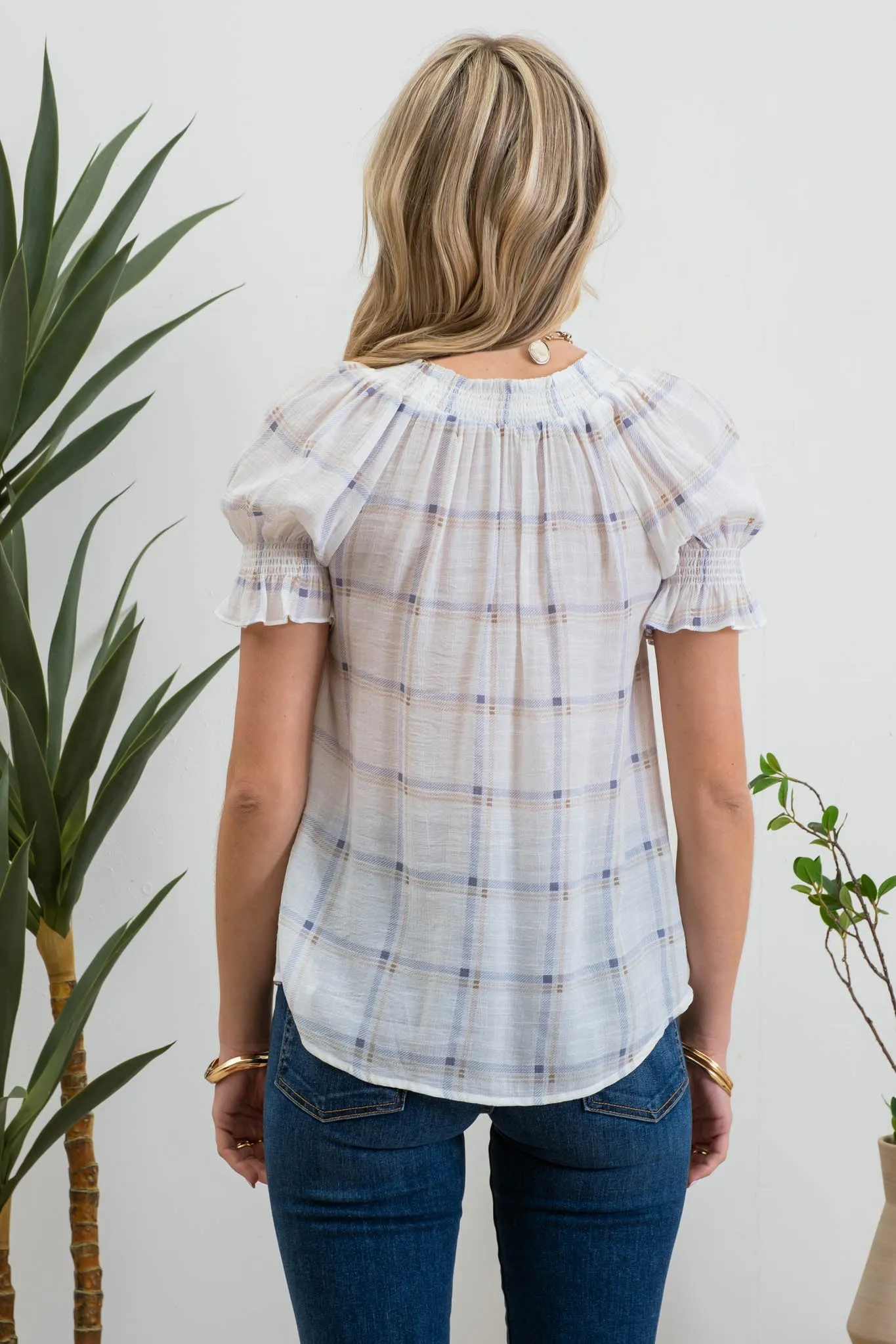 PLAID SPLIT TIE NECK SMOCKED BLOUSE sold by Blu Pepper product image thumbnail 2