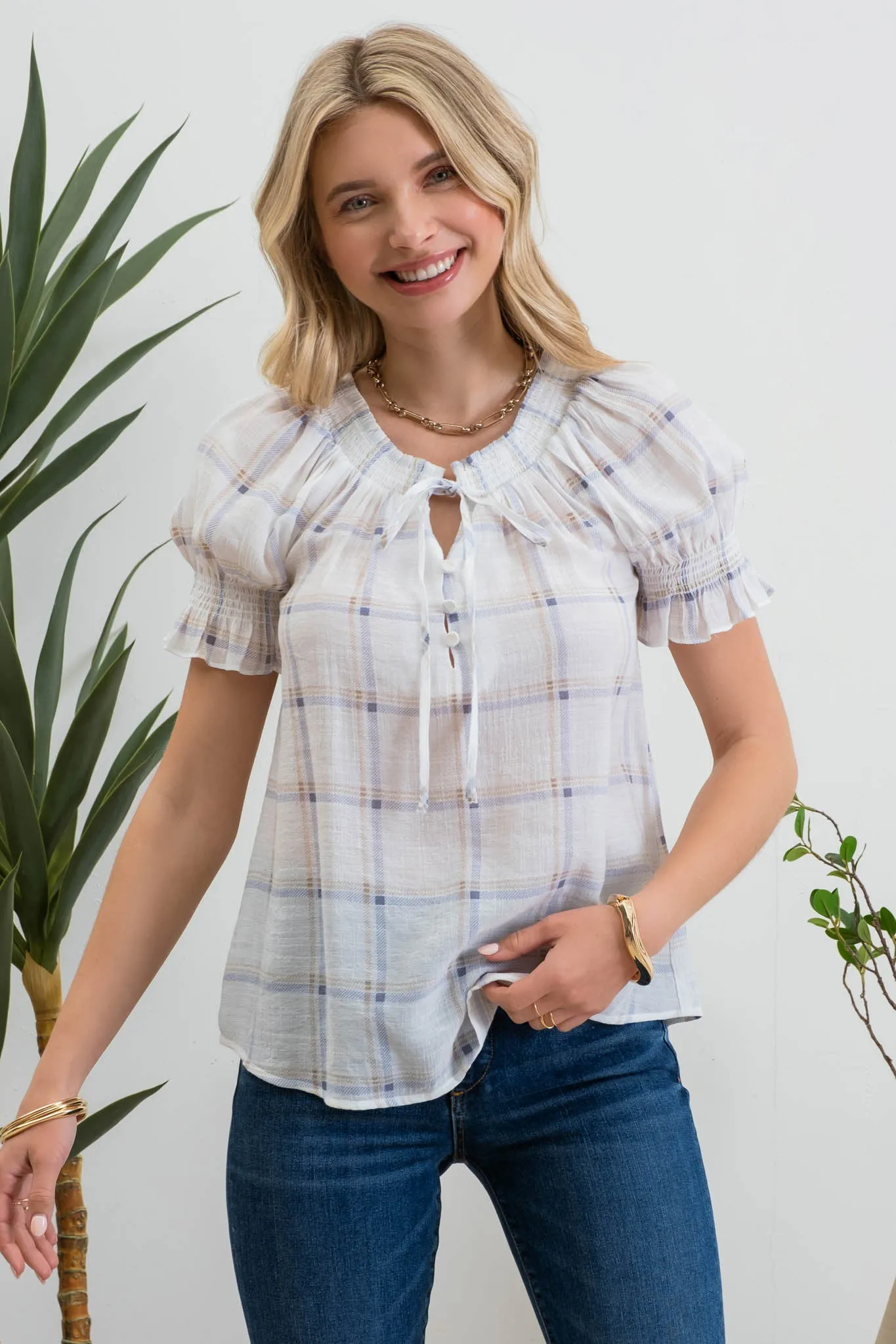 PLAID SPLIT TIE NECK SMOCKED BLOUSE sold by Blu Pepper product image thumbnail 5
