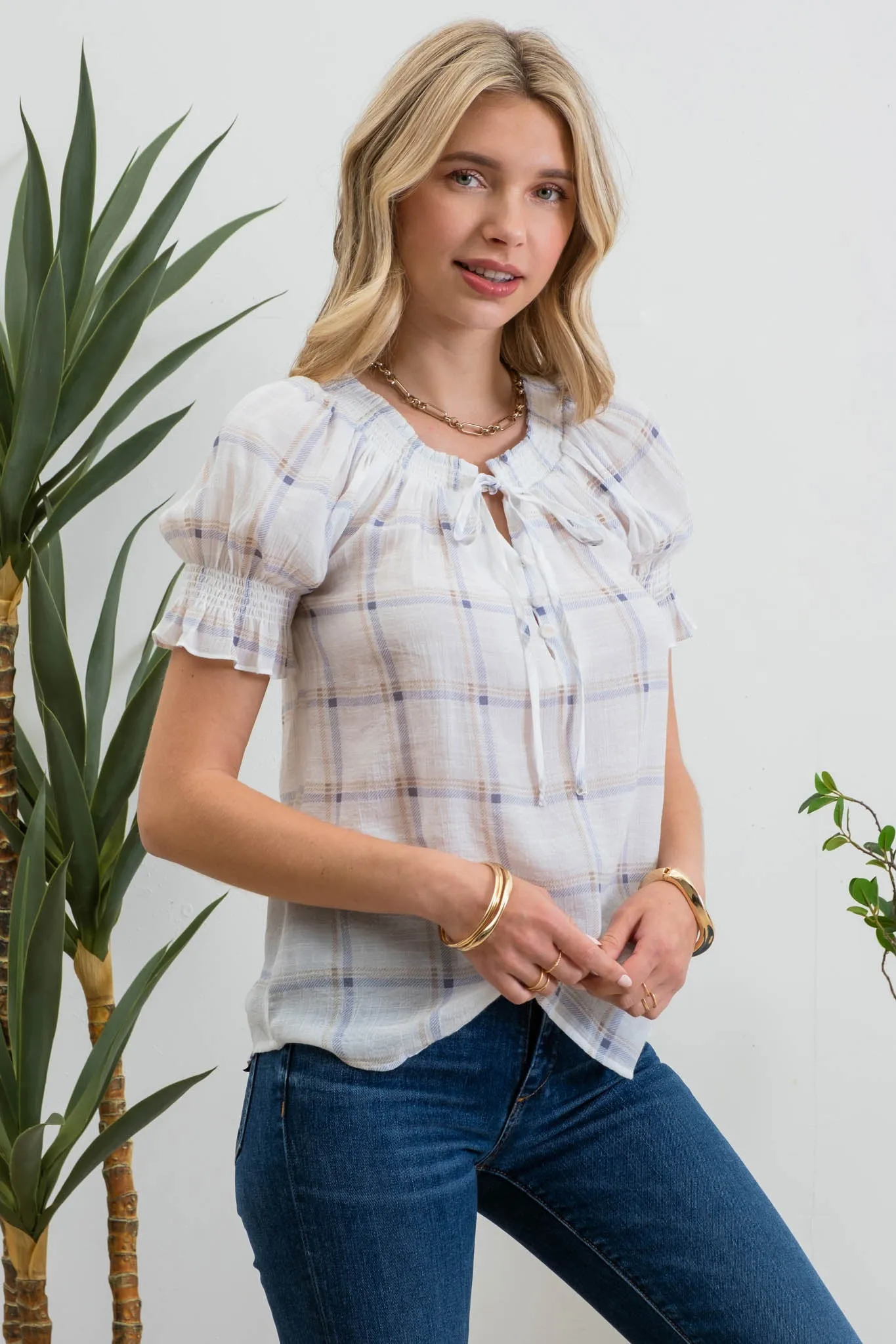 PLAID SPLIT TIE NECK SMOCKED BLOUSE sold by Blu Pepper product image thumbnail 3