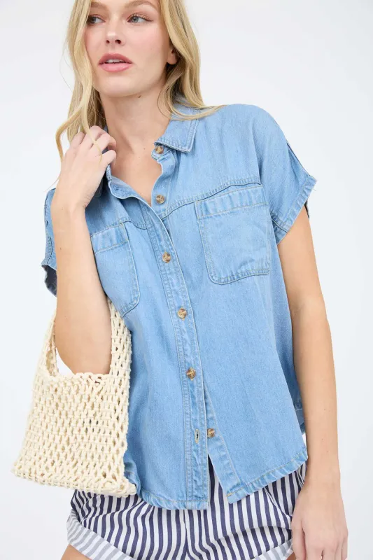 CHAMBRAY COLLARED SHORT SLEEVE BUTTON DOWN SHIRT sold by Blu Pepper