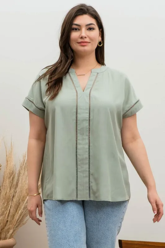 PLUS LACE TRIM SPLIT NECK TOP sold by Blu Pepper