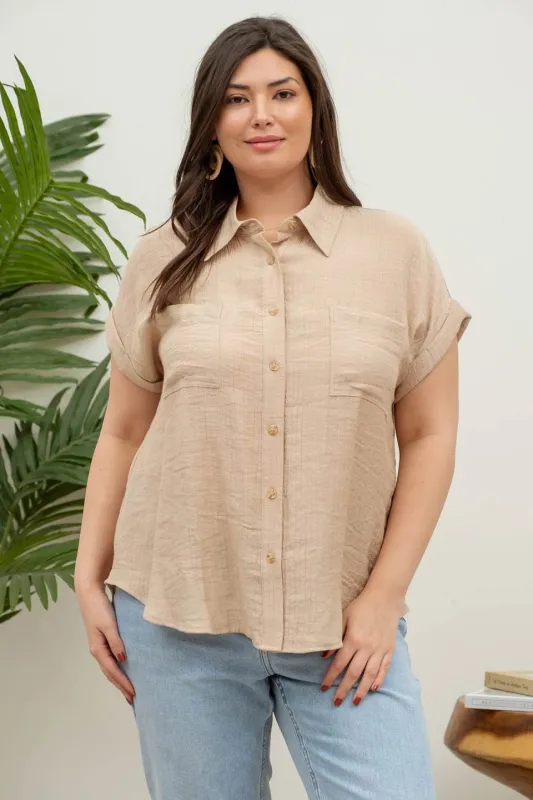 PLUS COLLARED CRINKLED CUFF SLEEVE BUTTON DOWN SHIRT sold by Blu Pepper