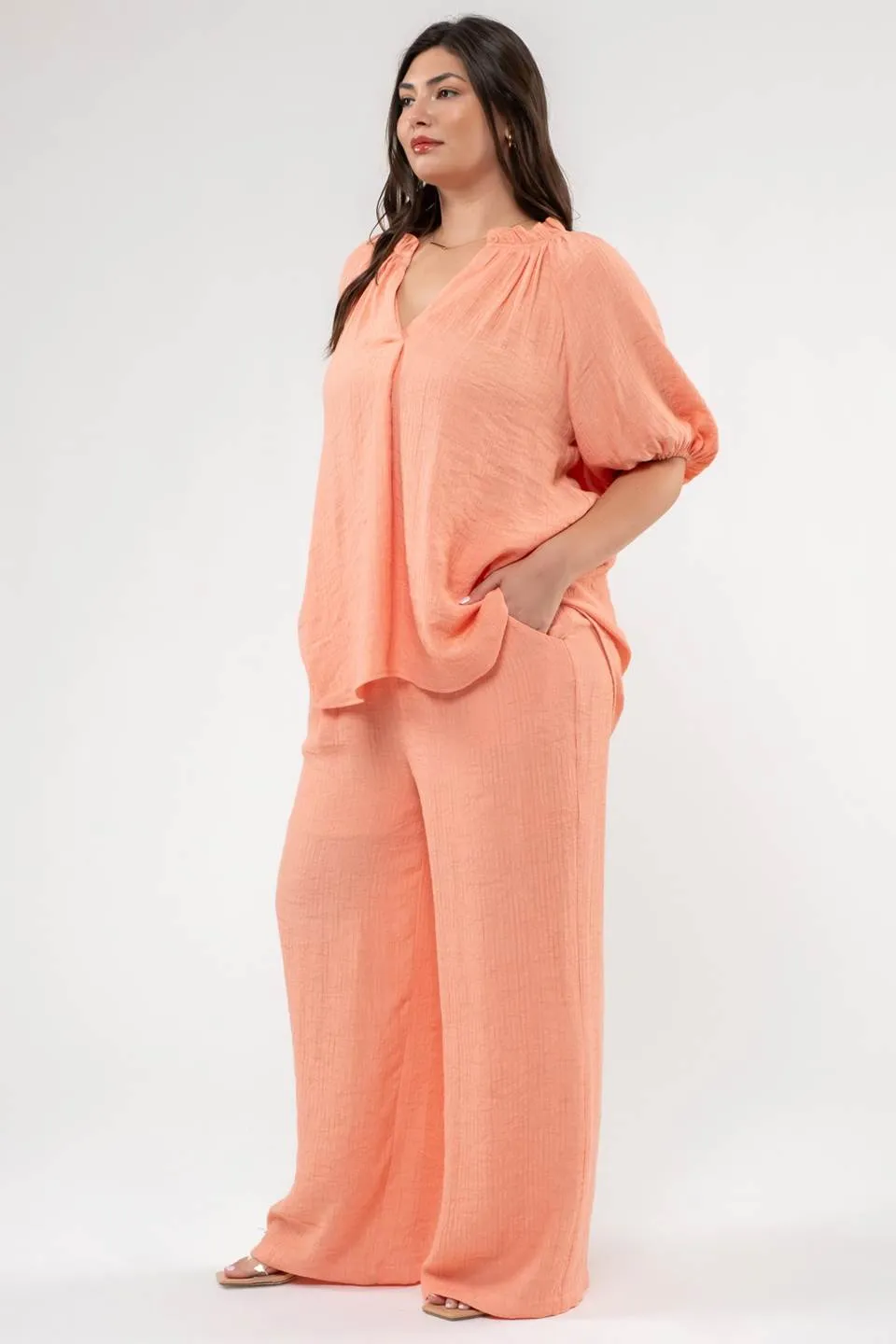 PLUS SCRUNCHED ELASTIC VNECK SHIRT sold by Blu Pepper product image thumbnail 3