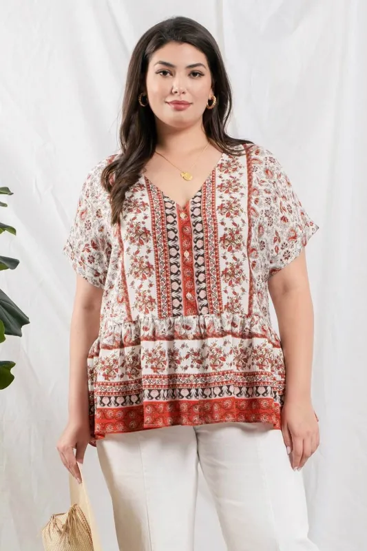 PLUS PAISLEY FLORAL RUFFLE HEM TOP sold by Blu Pepper