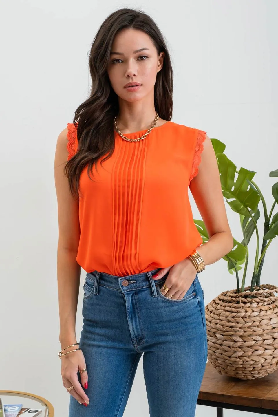 SLEEVELESS LACE TRIM PLEATED TOP sold by Blu Pepper product image thumbnail 5