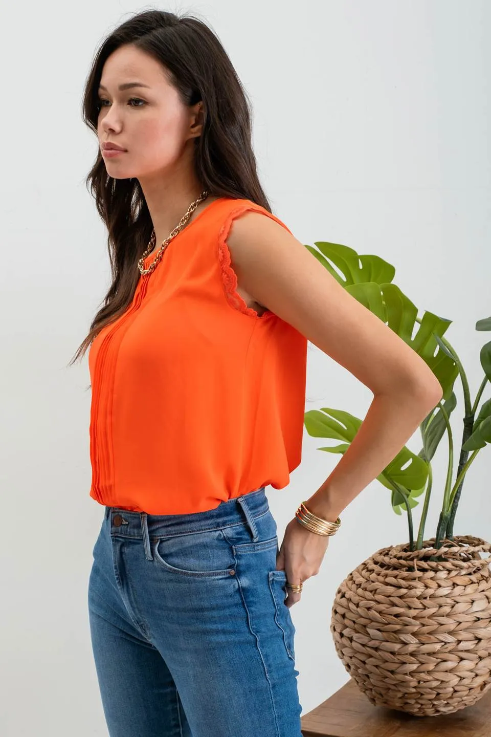 SLEEVELESS LACE TRIM PLEATED TOP sold by Blu Pepper product image thumbnail 3