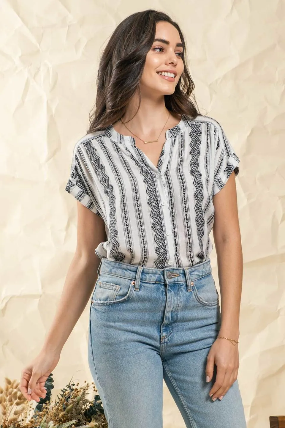 GEOMETRIC PATTERN WOVEN TOP sold by Blu Pepper