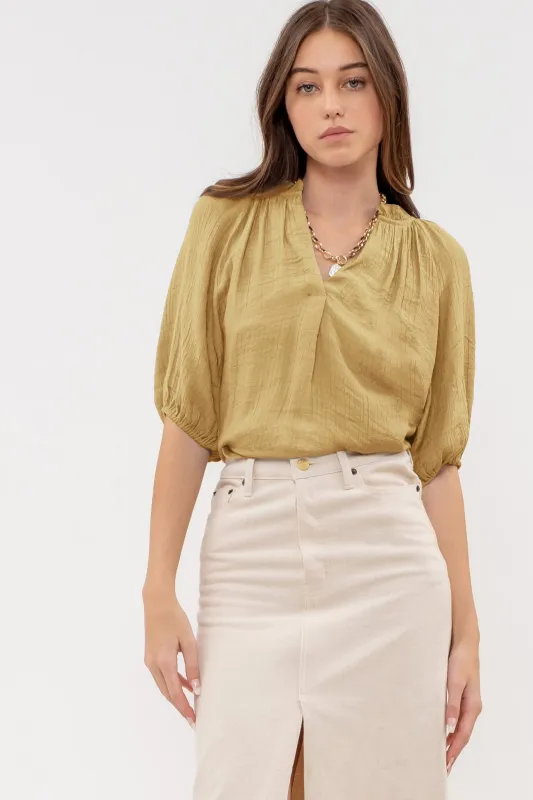 SCRUNCHED ELASTIC VNECK SHIRT sold by Blu Pepper