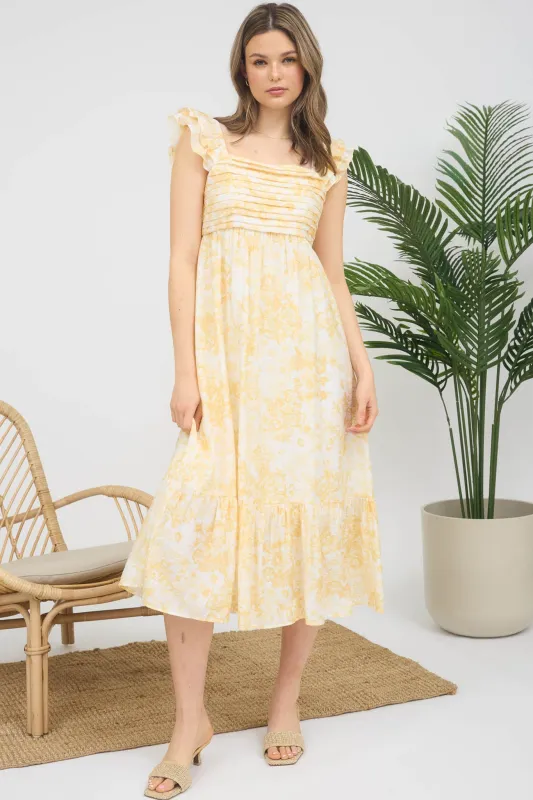 FLORAL RUFFLE STRAP DETAIL PLEATED MIDI DRESS sold by Blu Pepper