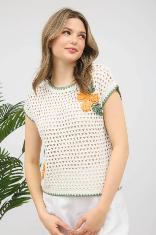 ROSE CROCHET KNIT SHORT SLEEVE PULLOVER SWEATER sold by Blu Pepper