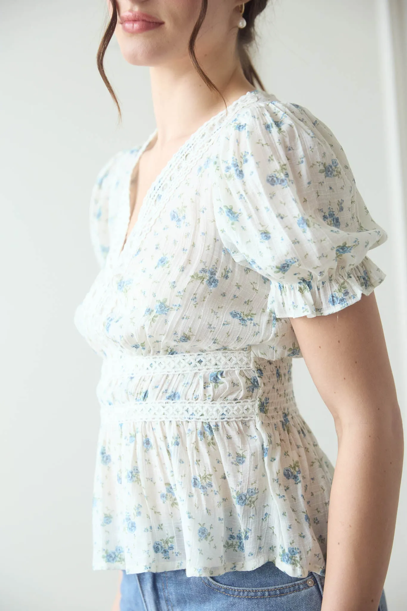 V NECK CROCHET LACE TRIM FLORAL TOP sold by Blu Pepper product image thumbnail 3