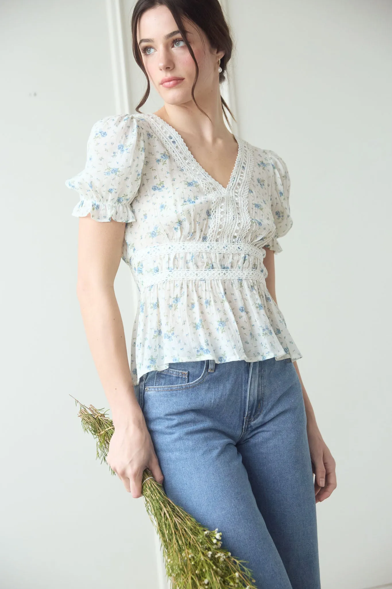 V NECK CROCHET LACE TRIM FLORAL TOP sold by Blu Pepper product image thumbnail 4