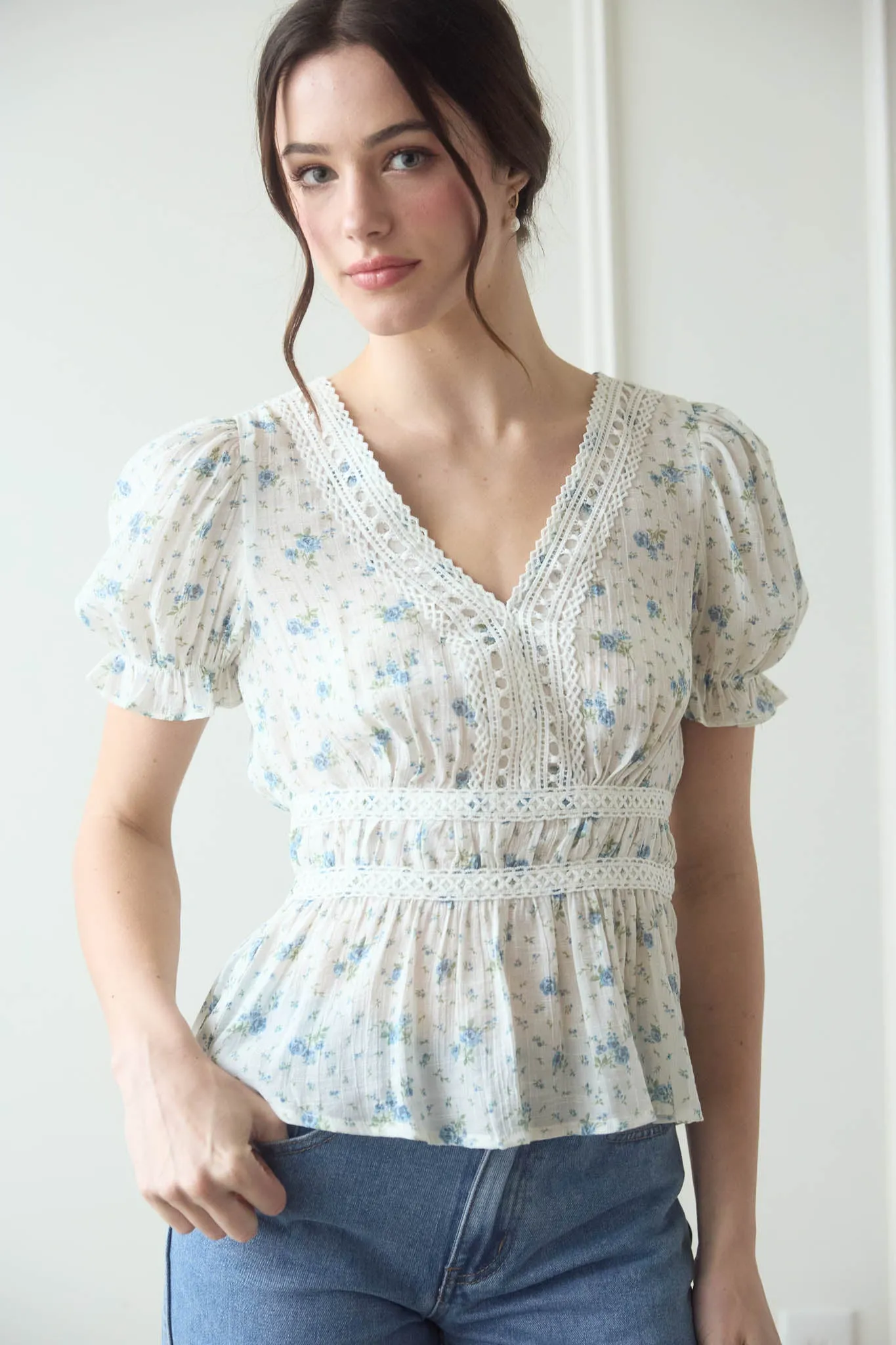 V NECK CROCHET LACE TRIM FLORAL TOP sold by Blu Pepper product image thumbnail 5