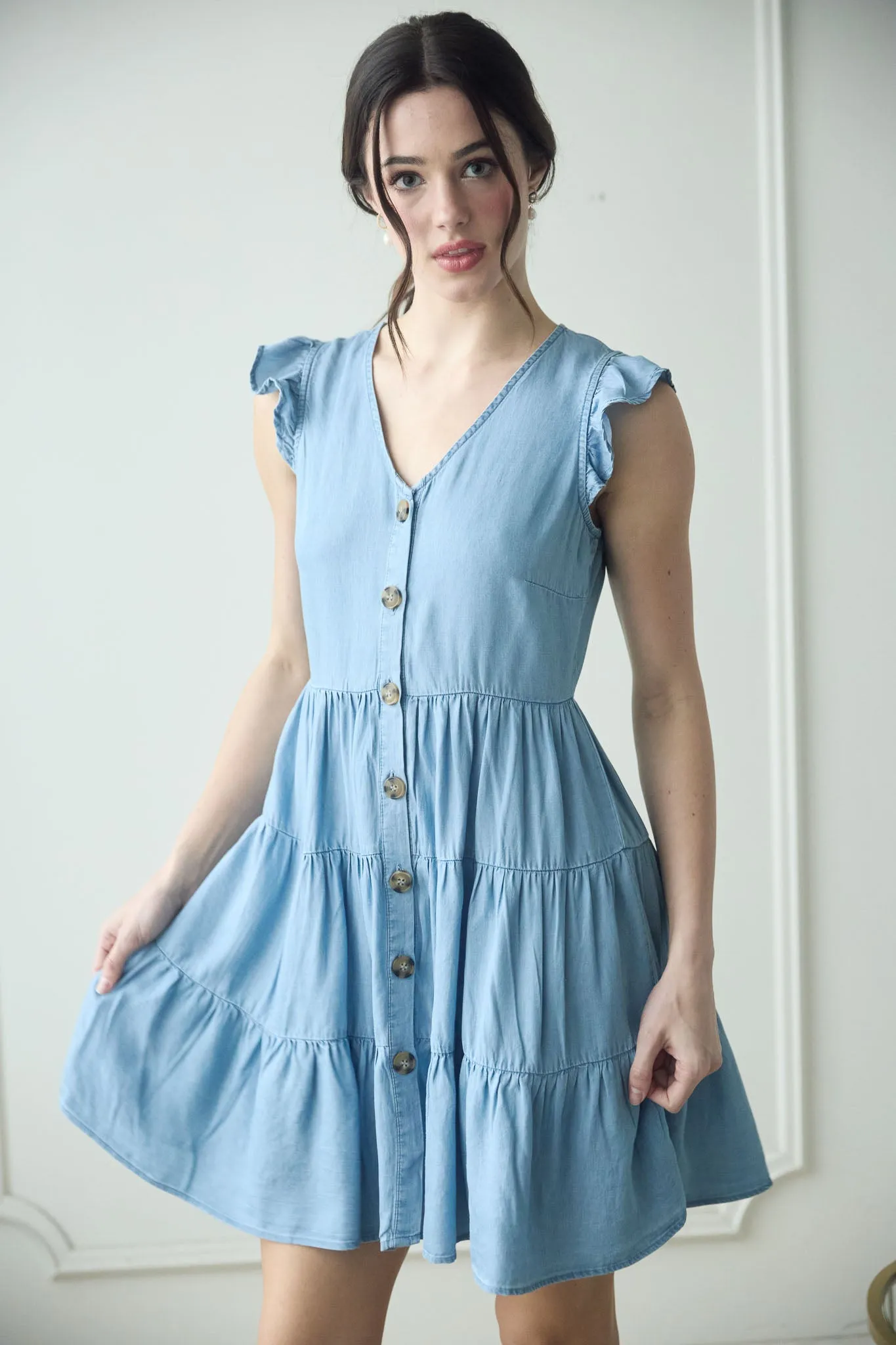 CHAMBRAY BUTTON DOWN TIERED MINI DRESS sold by Blu Pepper product image thumbnail 3
