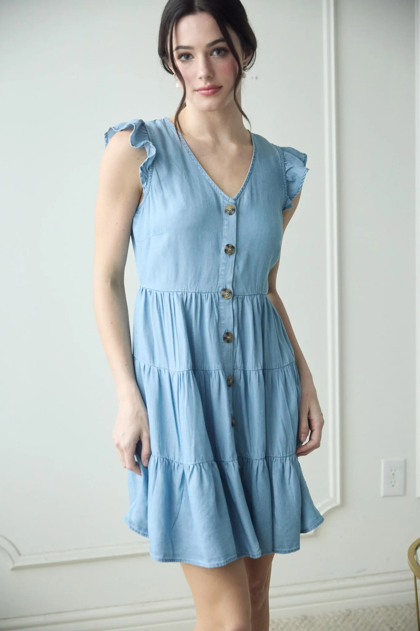 CHAMBRAY BUTTON DOWN TIERED MINI DRESS sold by Blu Pepper product image thumbnail 4
